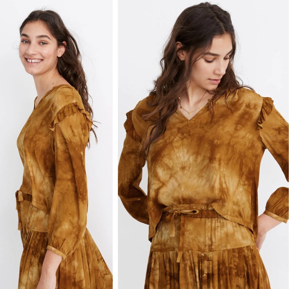 NWT Madewell Tie-Dye Ruffle-Shoulder Top Gold